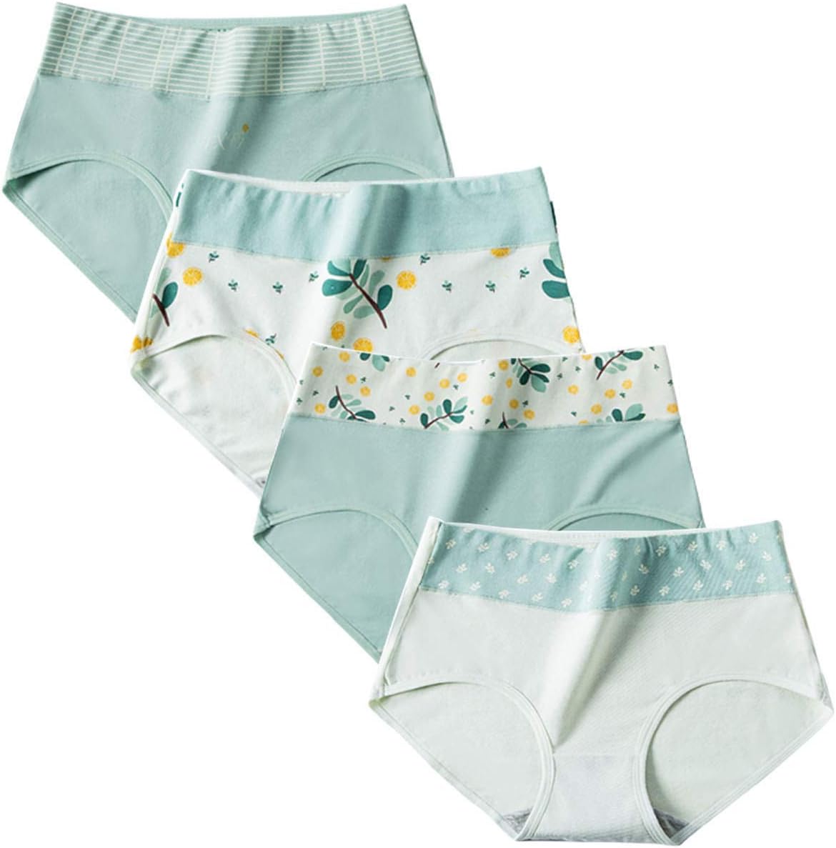 Set of 4 Womens Plants Print High Waist Cotton Underpants