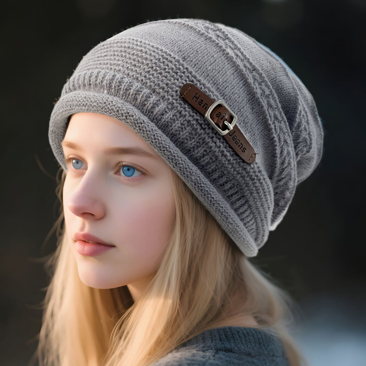 Women’s Winter Fleeced Knit Beanie Hat with Buckle