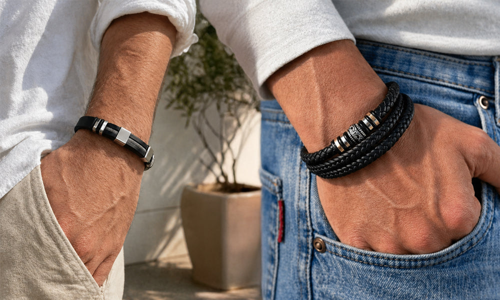 Mens Bracelet with Leather and Stainess Steel