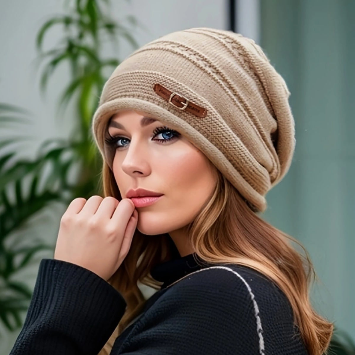 Women’s Winter Fleeced Knit Beanie Hat with Buckle