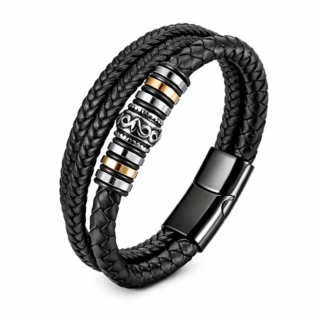 Mens Bracelet with Leather and Stainess Steel